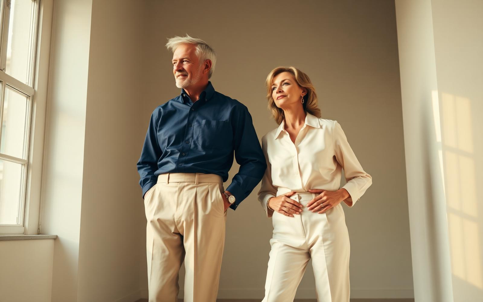 Mature couple wearing classic CosyCutt pieces in warm natural light