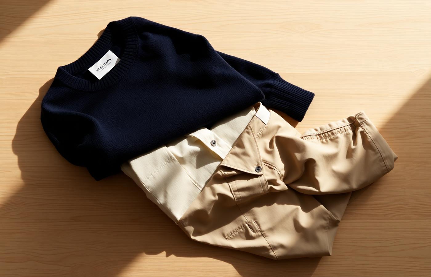 A folded stack of CosyCutt knitwear and chinos